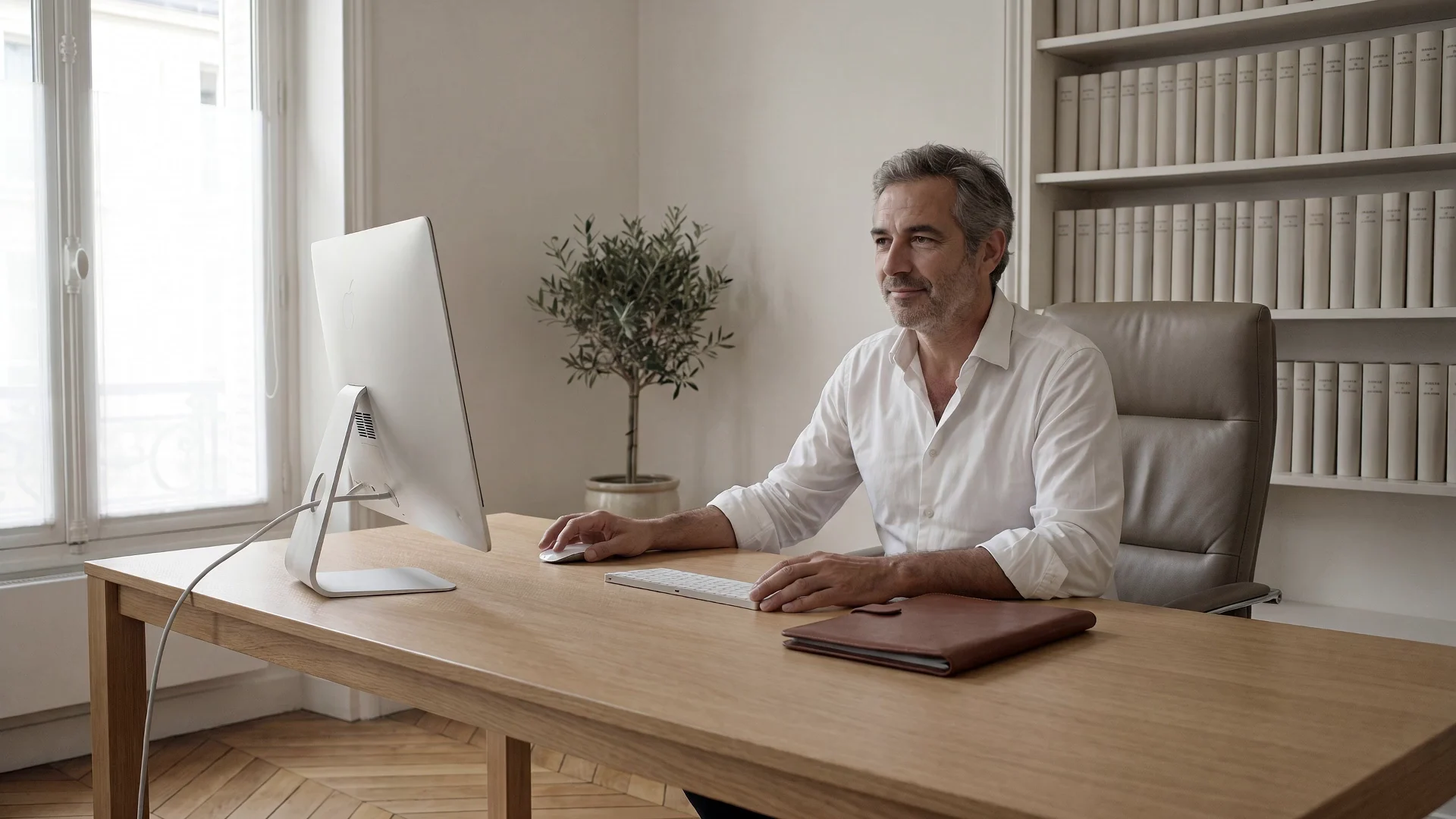 Un notaire à son bureau : bibliothèque de recueils, olivier, écran et parapheur